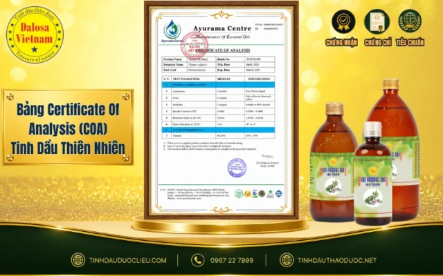 Bảng Certificate of analysis coa tinh dầu thiên nhiên 