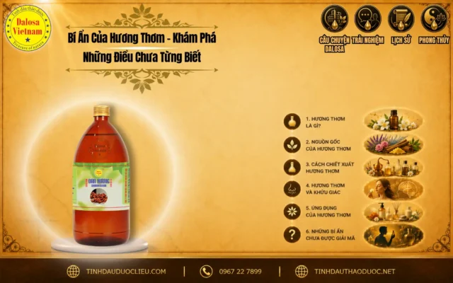 Đồ họa tư liệu tổng hợp về bi an cua huong thom kham pha nhung dieu chua tung biet đặt bên cạnh hình ảnh danh sách minh họa và chai sản phẩm tinh dầu Dalosa