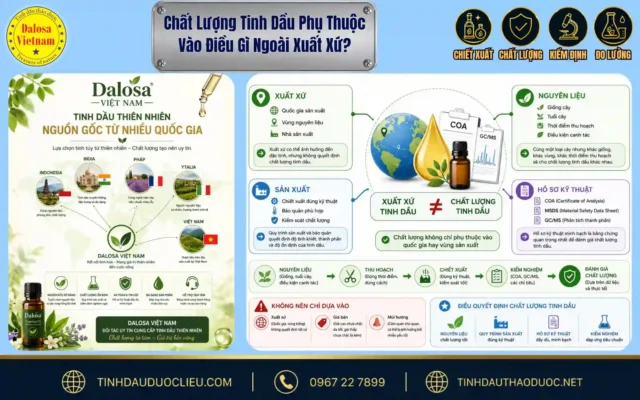 Chất Lượng Tinh Dầu Phụ Thuộc Vào Điều Gì Ngoài Xuất Xứ? 1 Sơ đồ infographic phân tích chi tiết câu hỏi chất lượng tinh dầu phụ thuộc vào điều gì đặt cạnh mô hình quả địa cầu và bộ sản phẩm Dalosa
