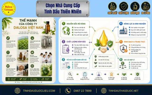 Chọn Nhà Cung Cấp Tinh Dầu Thiên Nhiên 1 Sơ đồ infographic tổng hợp các tiêu chí cốt lõi giúp doanh nghiệp chọn nhà cung cấp tinh dầu thiên nhiên uy tín đặt cạnh bộ sản phẩm Dalosa Việt Nam