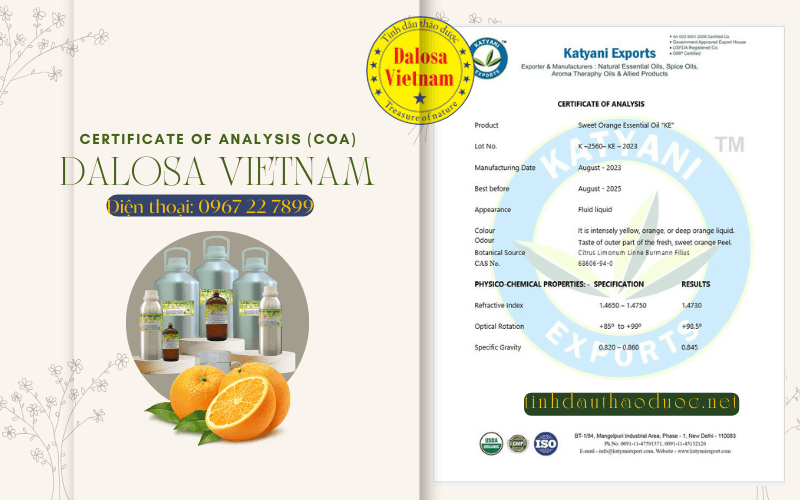 Bảng Certificate Of Analysis Tinh Dầu Thiên Nhiên