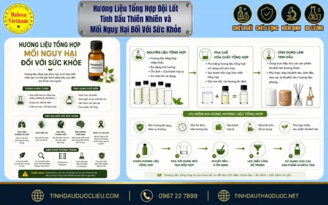 Sơ đồ infographic vạch trần tình trạng hương liệu tổng hợp đội lốt tinh dầu thiên nhiên và mối nguy hại đối với sức khỏe đặt cạnh bộ chai sản phẩm Dalosa