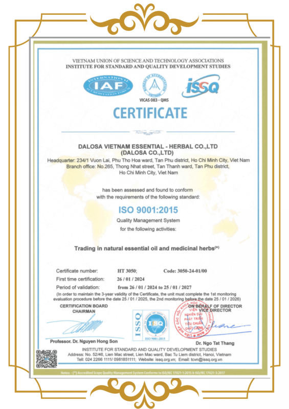 Công ty TNHH Tinh Dầu - Thảo Dược Dalosa Việt Nam Đạt Chứng Nhận ISO 9001:2015