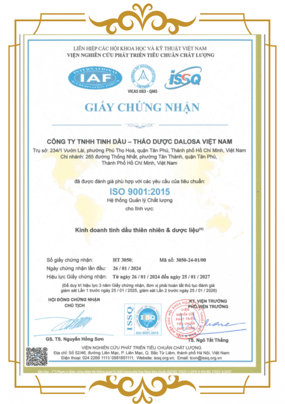 Công ty TNHH Tinh Dầu - Thảo Dược Dalosa Việt Nam Đạt Chứng Nhận ISO 9001:2015