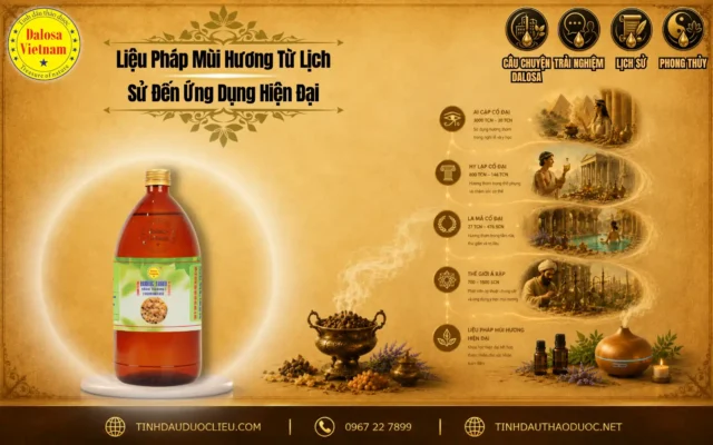 Liệu Pháp Mùi Hương Từ Lịch Sử Đến Ứng Dụng Hiện Đại 1 Đồ họa tổng hợp về lieu phap mui huong tu lich su den ung dung hien dai đặt bên cạnh hình ảnh lư xông cổ và chai sản phẩm tinh dầu Dalosa
