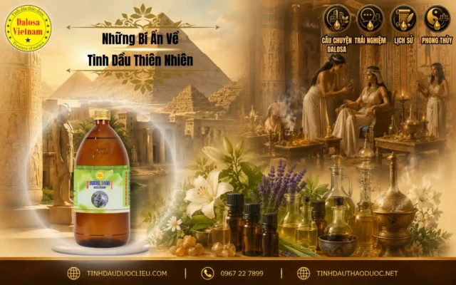 Đồ họa bài viết nghiên cứu về nhung bi an ve tinh dau thien nhien đặt bên cạnh bối cảnh chế tác thảo mộc thời cổ đại và chai sản phẩm tinh dầu Dalosa