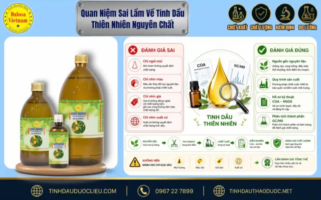 Sơ đồ infographic bóc tách những quan niệm sai lầm về tinh dầu thiên nhiên nguyên chất đặt bên cạnh bộ chai sản phẩm Dalosa