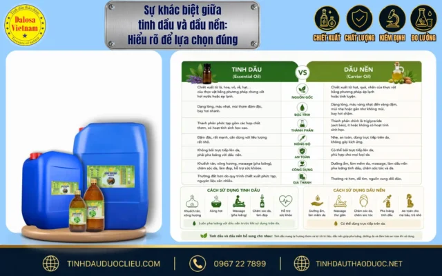 Bảng đồ họa so sánh trực quan nhằm làm rõ sự khác biệt giữa tinh dầu và dầu nền đặt cạnh các mẫu can chứa nguyên liệu của Dalosa