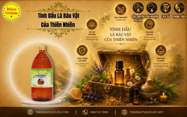 Đồ họa bài viết khẳng định tinh dầu là báu vật của thiên nhiên đặt bên cạnh hình ảnh chiếc rương báu chứa thảo mộc và chai sản phẩm tinh dầu Dalosa