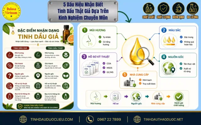 5 Dấu Hiệu Nhận Biết Tinh Dầu Thật Giả Dựa Trên Kinh Nghiệm Chuyên Môn 1 Sơ đồ đồ họa tóm tắt 5 dấu hiệu nhận biết tinh dầu thật giả dựa trên kinh nghiệm chuyên môn đặt cạnh bộ sản phẩm Dalosa.