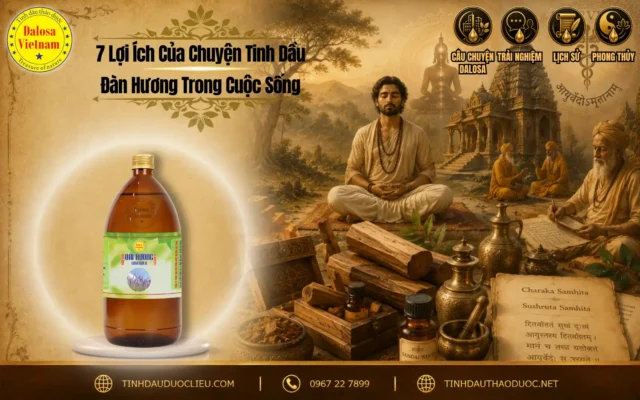 7 Lợi Ích Của Chuyện Tinh Dầu Đàn Hương Trong Cuộc Sống 1 Đồ họa bài viết tổng hợp 7 lợi ích của chuyên tinh dầu đàn hương trong cuộc sống đặt bên cạnh hình ảnh vị tu sĩ, các thanh gỗ tự nhiên và chai sản phẩm Dalosa