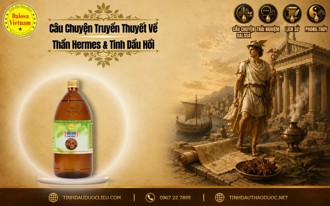 Đồ họa tư liệu kể về câu chuyện truyền thuyết về thần hermes và tinh dầu hồi đặt bên cạnh hình ảnh vị thần Hy Lạp cổ đại và chai sản phẩm tinh dầu Dalosa