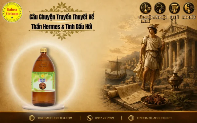 Câu Chuyện Truyền Thuyết Về Thần Hermes Và Tinh Dầu Hồi 1 Đồ họa tư liệu kể về câu chuyện truyền thuyết về thần hermes và tinh dầu hồi đặt bên cạnh hình ảnh vị thần Hy Lạp cổ đại và chai sản phẩm tinh dầu Dalosa