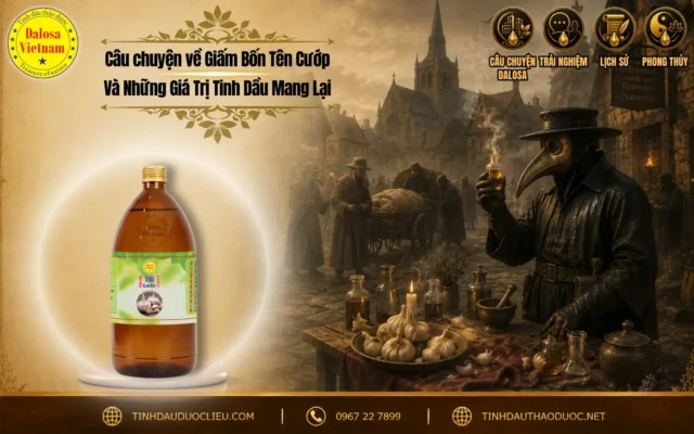 Đồ họa tư liệu kể về câu chuyện về giấm bốn tên cướp và những giá trị tinh dầu mang lại đặt bên cạnh hình ảnh thầy thuốc dịch hạch thời Trung cổ và chai sản phẩm tinh dầu Dalosa