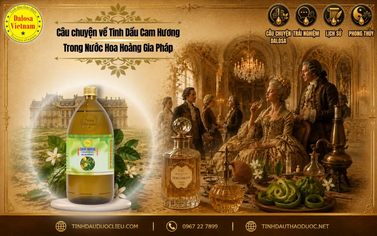 Đồ họa tư liệu kể về câu chuyện về tinh dầu cam hương trong nước hoa hoàng gia Pháp đặt bên cạnh bối cảnh hoàng gia xưa và chai sản phẩm tinh dầu Dalosa