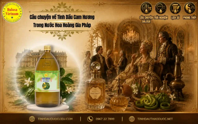 Đồ họa tư liệu kể về câu chuyện về tinh dầu cam hương trong nước hoa hoàng gia Pháp đặt bên cạnh bối cảnh hoàng gia xưa và chai sản phẩm tinh dầu Dalosa