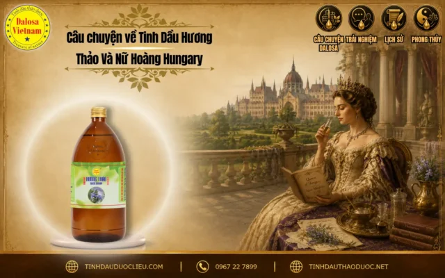 Câu chuyện về Tinh Dầu Hương Thảo Và Nữ Hoàng Hungary 1 Đồ họa tư liệu kể về câu chuyện về tinh dầu hương thảo và nữ hoàng hungary đặt bên cạnh hình ảnh vị nữ hoàng bên lâu đài cổ và chai sản phẩm tinh dầu Dalosa