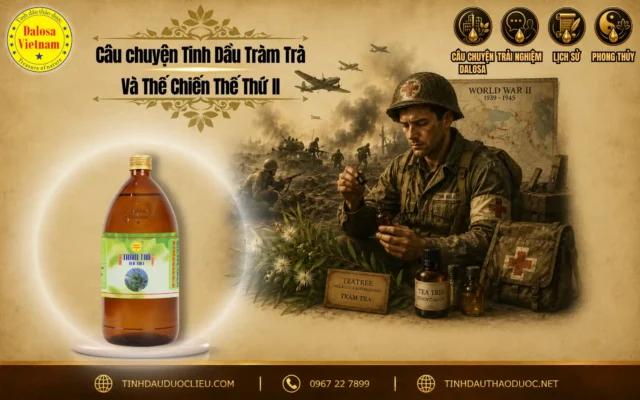 Câu chuyện Tinh Dầu Tràm Trà Và Thế Chiến Thế Thứ 2 1 Đồ họa tư liệu kể về câu chuyện tinh dầu tràm trà và thế chiến thế thứ 2 đặt bên cạnh hình ảnh người lính chiến trường và chai sản phẩm tinh dầu Dalosa