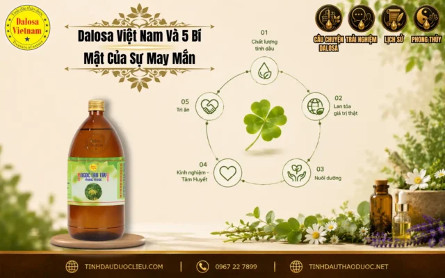 : Sơ đồ infographic chia sẻ về chủ đề Dalosa Việt Nam và 5 bí mật của sự may mắn đặt bên cạnh biểu tượng cỏ bốn lá và chai sản phẩm