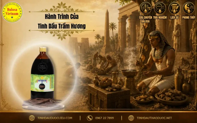 Hành Trình Của Tinh Dầu Trầm Hương – Kho Báu Từ Thiên Nhiên 1 Đồ họa bài viết tìm hiểu về hành trình của tinh dầu trầm hương đặt bên cạnh hình ảnh bối cảnh chế tác hương trầm thời cổ đại và chai sản phẩm tinh dầu Dalosa