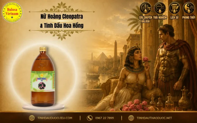 Đồ họa tư liệu kể về nu hoàng cleopatra va tinh dau hoa hong đặt bên cạnh hình ảnh vị nữ hoàng Ai Cập, tướng lĩnh La Mã và chai sản phẩm tinh dầu Dalosa