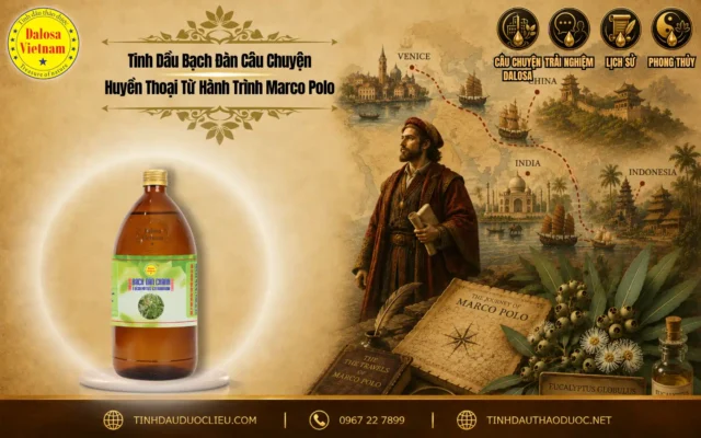 Tinh Dầu Bạch Đàn Câu Chuyện Huyền Thoại Từ Hành Trình Marco Polo 1 Đồ họa tư liệu kể về tinh dầu bạch đàn câu chuyện huyền thoại từ hành trình marco polo đặt bên cạnh hình ảnh nhà du hành viễn chinh và chai sản phẩm tinh dầu Dalosa