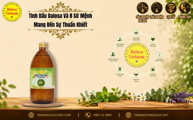 Tinh Dầu Dalosa Và 8 Sứ Mệnh Mang Đến Sự Thuần Khiết 1 Sơ đồ infographic tổng hợp 8 tiêu chí giúp Dalosa trở thành thương hiệu hàng đầu về tinh dầu thiên nhiên đặt bên cạnh các chai sản phẩm nhỏ giọt