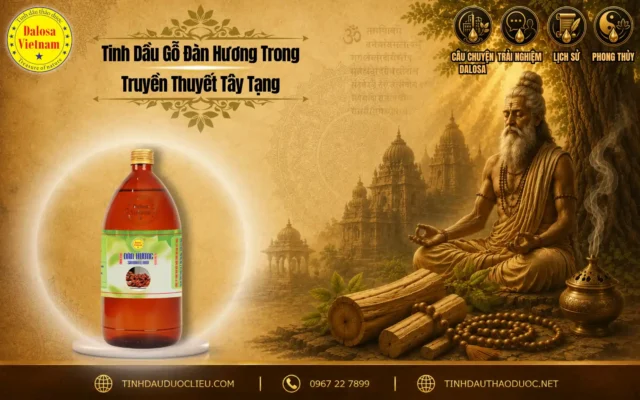 Đồ họa bài viết tìm hiểu về tinh dầu gỗ đàn hương trong truyền thuyết Tây Tạng đặt bên cạnh hình ảnh vị thiền sư và chai sản phẩm Dalosa