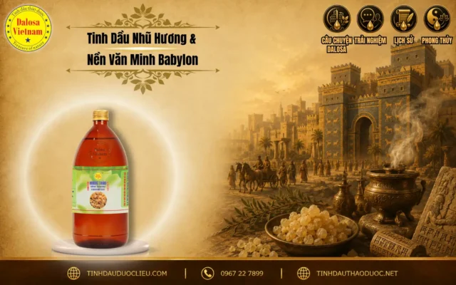 Đồ họa tư liệu nghiên cứu về tinh dầu nhũ hương và nền văn minh babylon đặt bên cạnh hình ảnh kiến trúc thành cổ và chai sản phẩm tinh dầu Dalosa