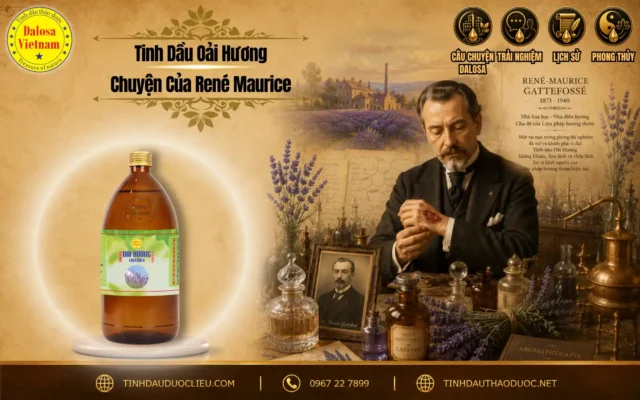 Đồ họa tư liệu kể về tinh dầu oải hương chuyện của rene-maurice đặt bên cạnh chân dung nhà khoa học và chai sản phẩm Dalosa