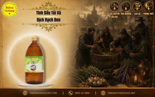 Đồ họa bài viết tìm hiểu về mối liên hệ giữa tinh dầu tỏi và dịch hạch đen đặt bên cạnh hình ảnh bối cảnh thời Trung cổ và chai sản phẩm tinh dầu Dalosa