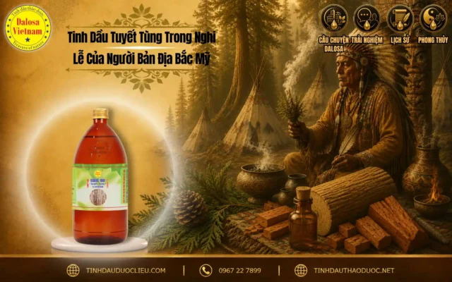 Tinh Dầu Tuyết Tùng Trong Nghi Lễ Của Người Bản Địa Bắc Mỹ 1 : Đồ họa bài viết tìm hiểu về tinh dầu tuyết tùng trong nghi lễ của người bản địa Bắc Mỹ đặt bên cạnh hình ảnh thổ dân và chai sản phẩm Dalosa.