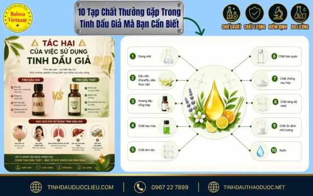 10 Tạp Chất Thường Gặp Trong Tinh Dầu Giả Mà Bạn Cần Biết 1 Sơ đồ liệt kê các tạp chất thường gặp trong tinh dầu giả kém chất lượng đặt cạnh bộ sản phẩm tinh dầu thiên nhiên nguyên chất Dalosa