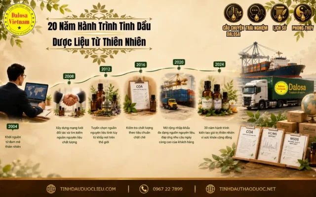 20 Năm Hành Trình Tinh Dầu Dược Liệu Từ Thiên Nhiên 1 Sơ đồ infographic tái hiện 20 năm hành trình tinh dầu dược liệu từ thiên nhiên gắn liền với sự phát triển hệ thống vận tải và sản xuất của Dalosa