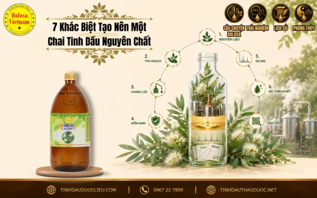 7 Khác Biệt Tạo Nên Một Chai Tinh Dầu Nguyên Chất 1 Sơ đồ infographic bóc tách 7 khác biệt tạo nên một chai tinh dầu nguyên chất đặt bên cạnh chai sản phẩm tinh dầu Dalosa