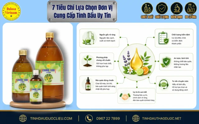 7 Tiêu Chí Lựa Chọn Đơn Vị Cung Cấp Tinh Dầu Uy Tín 1 Đồ họa cẩm nang hướng dẫn về 7 tiêu chí lựa chọn đơn vị cung cấp tinh dầu uy tín đặt bên cạnh bộ sản phẩm tinh dầu Dalosa và sơ đồ các bước đánh giá minh họa