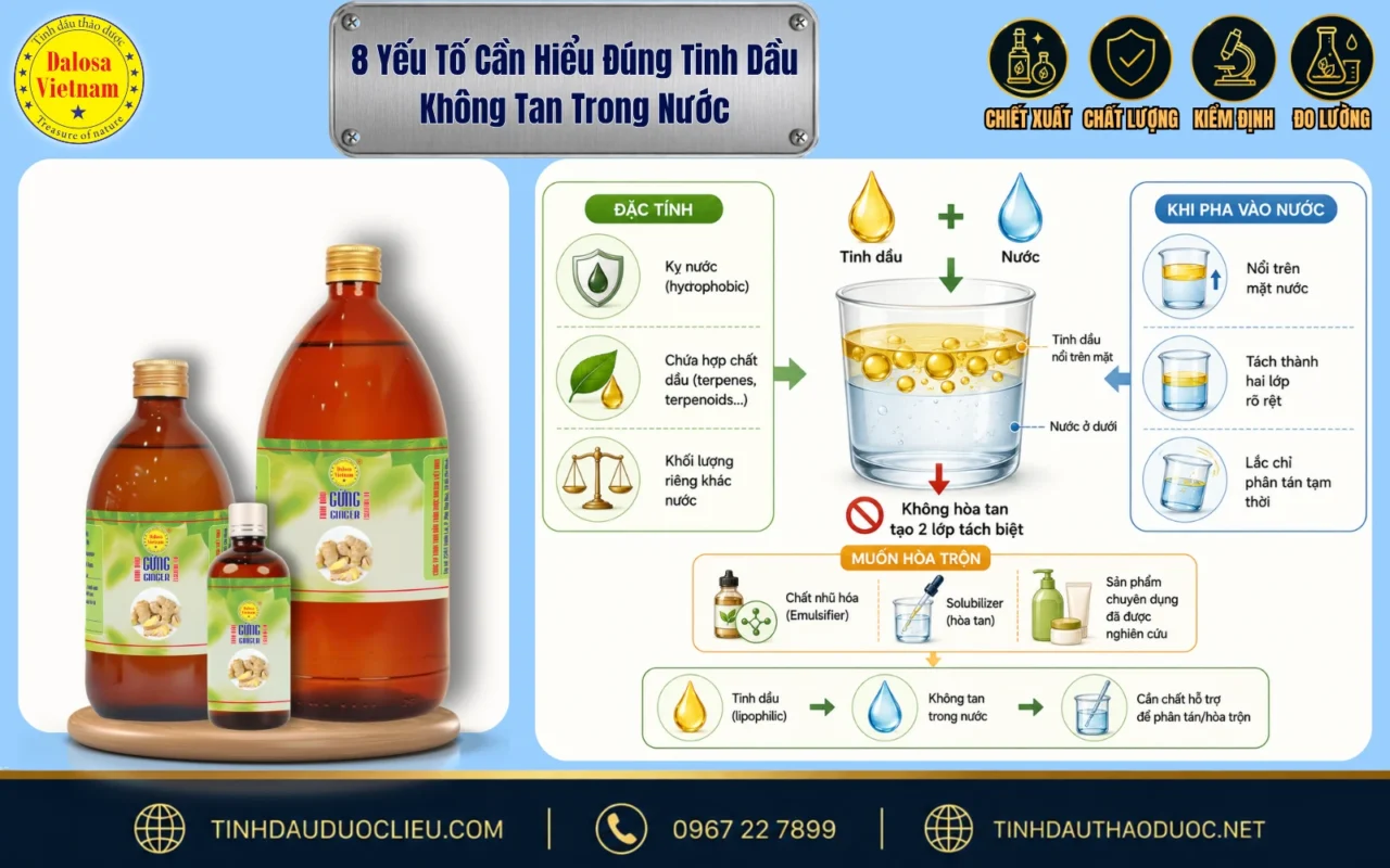 Sơ đồ đồ họa minh họa hiện tượng vật lý phân tách phân tử giúp người dùng hiểu đúng tinh dầu không tan trong nước đặt cạnh bộ sản phẩm Dalosa