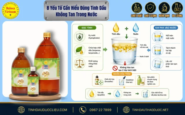 8 Yếu Tố Cần Hiểu Đúng Tinh Dầu Không Tan Trong Nước 1 Sơ đồ đồ họa minh họa hiện tượng vật lý phân tách phân tử giúp người dùng hiểu đúng tinh dầu không tan trong nước đặt cạnh bộ sản phẩm Dalosa