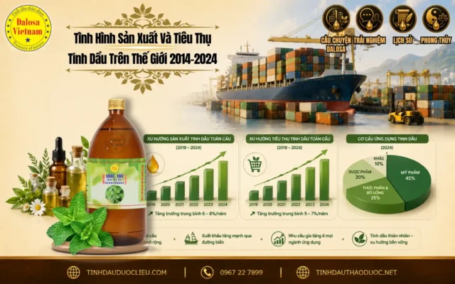 Sơ đồ infographic báo cáo tinh hình san xuat va tieu thu tinh dau tren the gioi 2014-2024 đặt bên cạnh mô hình tàu chở hàng và chai sản phẩm Dalosa