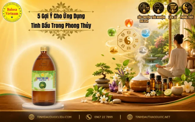 : Sơ đồ infographic tổng hợp 5 gợi ý cho ứng dụng tinh dầu trong phong thủy đặt bên cạnh hình ảnh người thiền và chai sản phẩm Dalosa