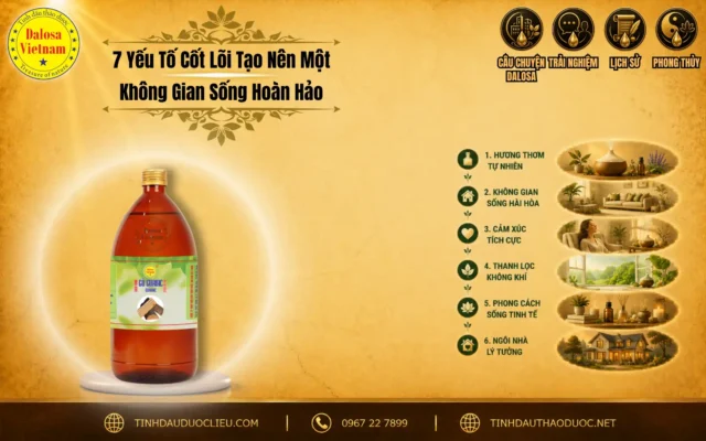 7 Yếu Tố Cốt Lõi Tạo Nên Một Không Gian Sống Hoàn Hảo 1 Sơ đồ infographic tổng hợp 7 yếu tố cốt lõi tạo nên một không gian sống hoàn hảo đặt bên cạnh chai sản phẩm tinh dầu Dalosa