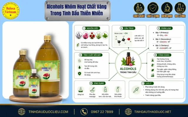 Alcohols Nhóm Hoạt Chất Vàng Trong Tinh Dầu Thiên Nhiên 1 Sơ đồ phân tích cấu trúc đặc tính của alcohols nhóm hoạt chất vàng trong thực vật tự nhiên bên cạnh các sản phẩm tinh dầu Dalosa