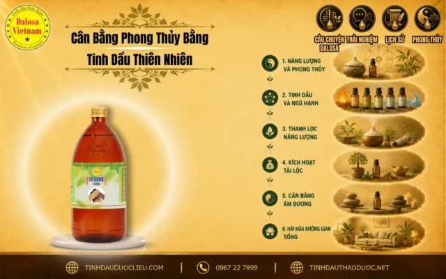 Cân Bằng Phong Thủy Bằng Tinh Dầu Thiên Nhiên 1 Sơ đồ infographic chia sẻ phương pháp cân bằng phong thủy bằng tinh dầu thiên nhiên đặt bên cạnh chai sản phẩm Dalosa