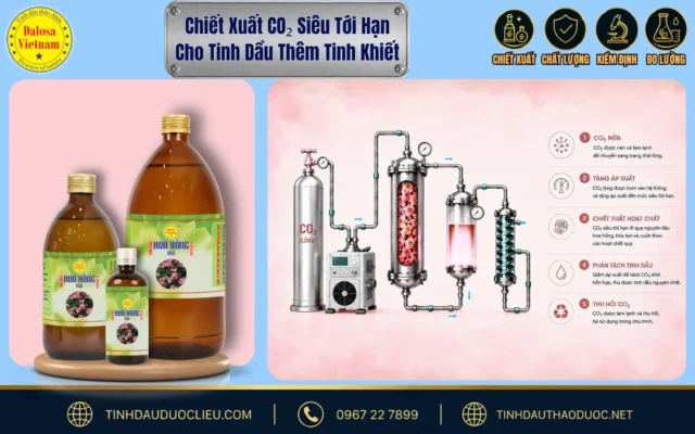 Chiết Xuất CO₂ Siêu Tới Hạn Cho Tinh Dầu Thêm Tinh Khiết 1 Sơ đồ quy trình công nghệ chiết xuất $CO_2$ siêu tới hạn áp dụng trong sản xuất tinh dầu thiên nhiên tinh khiết Dalosa.