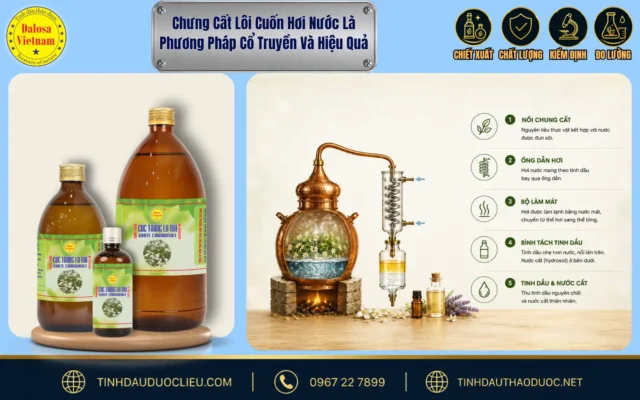 Chưng Cất Lôi Cuốn Hơi Nước Là Phương Pháp Cổ Truyền Và Hiệu Quả 1 : Đồ họa bài viết tìm hiểu về chưng cất lôi cuốn hơi nước là phương pháp cổ truyền và hiệu quả đặt bên cạnh hình ảnh hệ thống bình chưng cất đồng và bộ sản phẩm tinh dầu Dalosa.