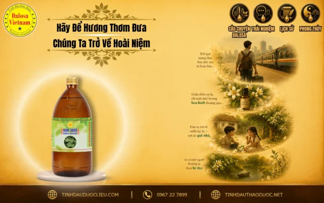 Hãy Để Hương Thơm Đưa Chúng Ta Trở Về Hoài Niệm 1 Sơ đồ infographic nghệ thuật với thông điệp hãy để hương thơm đưa chúng ta trở về hoài niệm đặt bên cạnh chai sản phẩm tinh dầu Dalosa