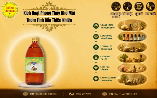 Sơ đồ infographic hướng dẫn cách kích hoạt phong thủy nhờ mùi thơm tinh dầu thiên nhiên đặt bên cạnh chai sản phẩm Dalosa