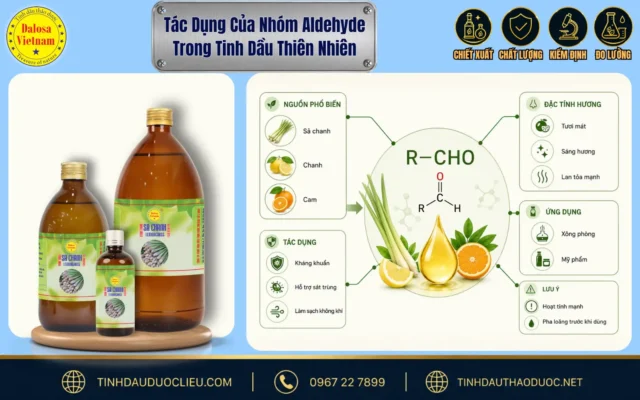 Sơ đồ phân tích các tác dụng của nhóm aldehyde trong tinh dầu thiên nhiên đối với sức khỏe bên cạnh dòng sản phẩm Dalosa
