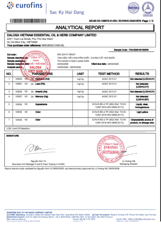 15 Công Dụng Tuyệt Vời Của Tinh Dầu Tiêu Đen Đối Với Đời Sống 3 Bảng test các chỉ tiêu kim loại nặng cho tinh dầu tiêu đen