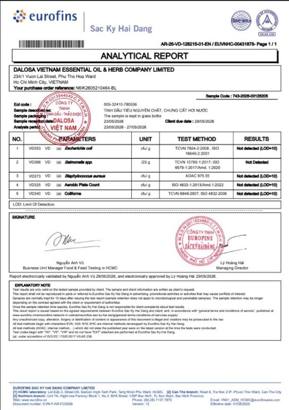 15 Công Dụng Tuyệt Vời Của Tinh Dầu Tiêu Đen Đối Với Đời Sống 2 Bảng test các chỉ tiêu vi sinh tinh dầu tiêu đen